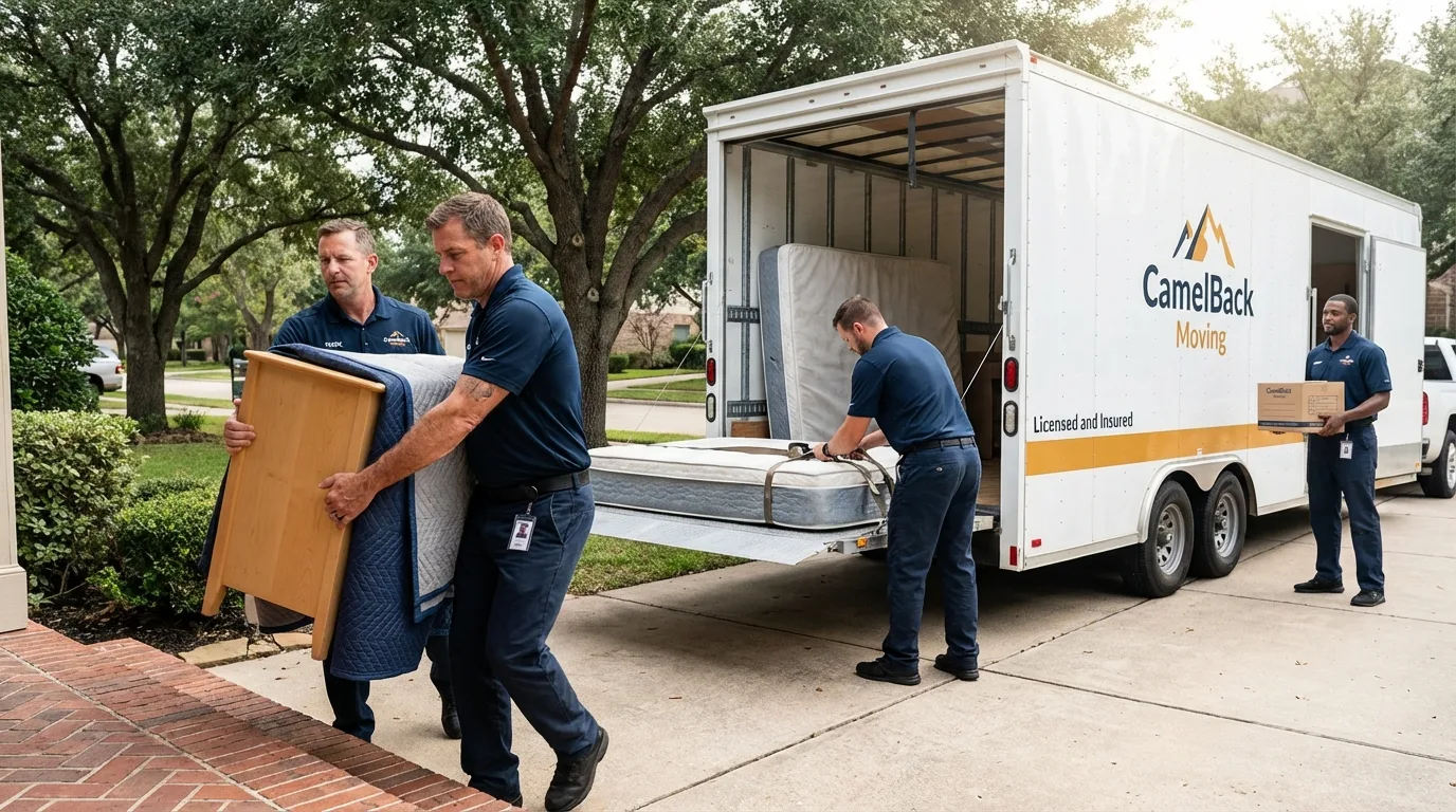 Crew loading residential truck for cross-state move from Fairmount, IN
