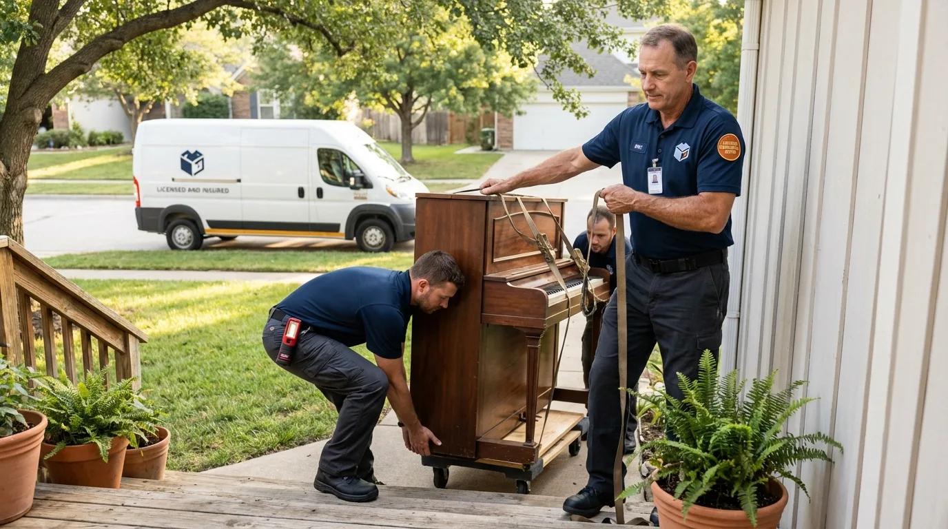 Licensed piano movers securing grand piano in Fairmount, IN