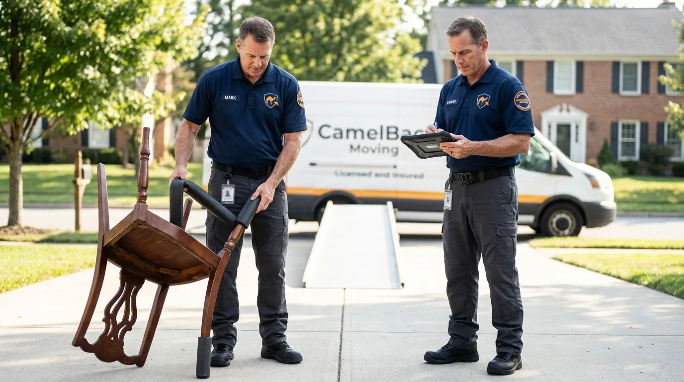 Movers inspecting furniture for damage prevention before loading in Fairmount, IN