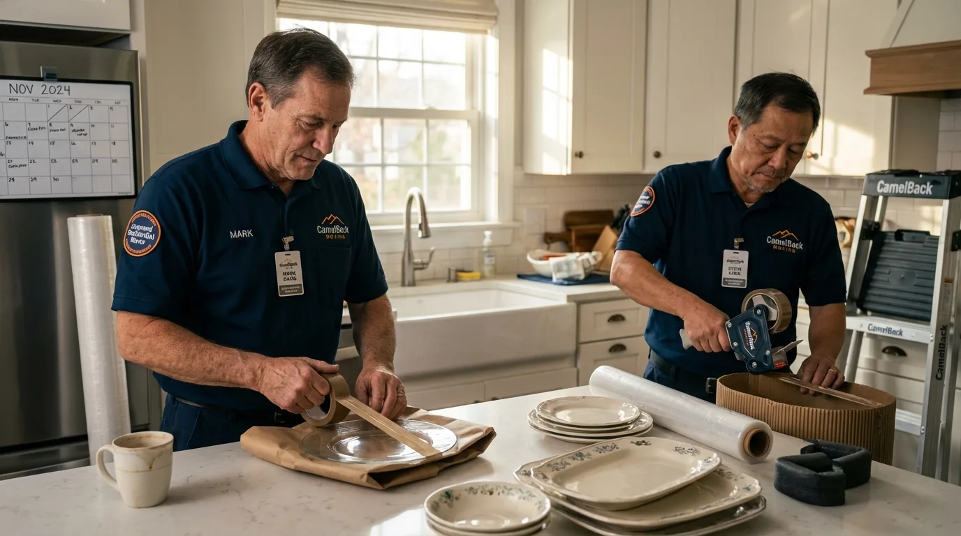 Professional crew packing kitchen dishware in Fairmount, IN